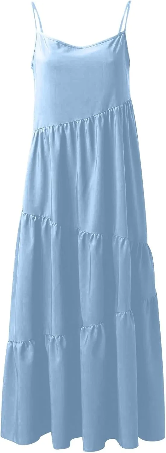 Maxi Sundresses for Women Summer Boho Beach Loose Spaghetti Strap Smocked Tiered A Line Dress Resort Long Flowy Dresses