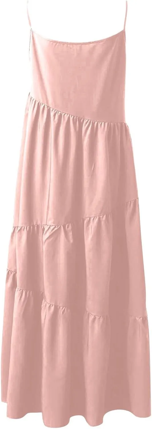 Maxi Sundresses for Women Summer Boho Beach Loose Spaghetti Strap Smocked Tiered A Line Dress Resort Long Flowy Dresses