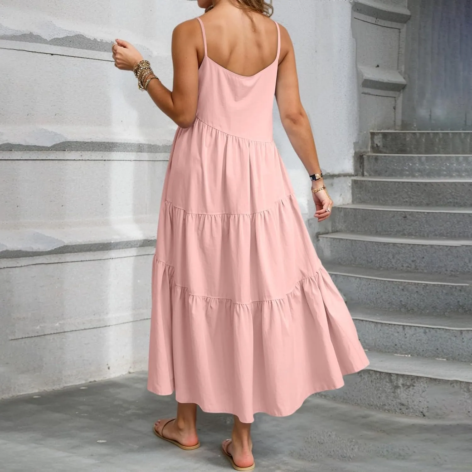 Maxi Sundresses for Women Summer Boho Beach Loose Spaghetti Strap Smocked Tiered A Line Dress Resort Long Flowy Dresses