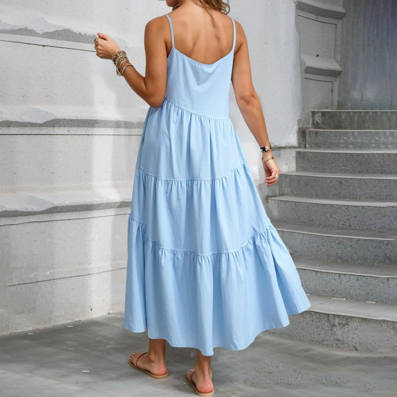 Maxi Sundresses for Women Summer Boho Beach Loose Spaghetti Strap Smocked Tiered A Line Dress Resort Long Flowy Dresses