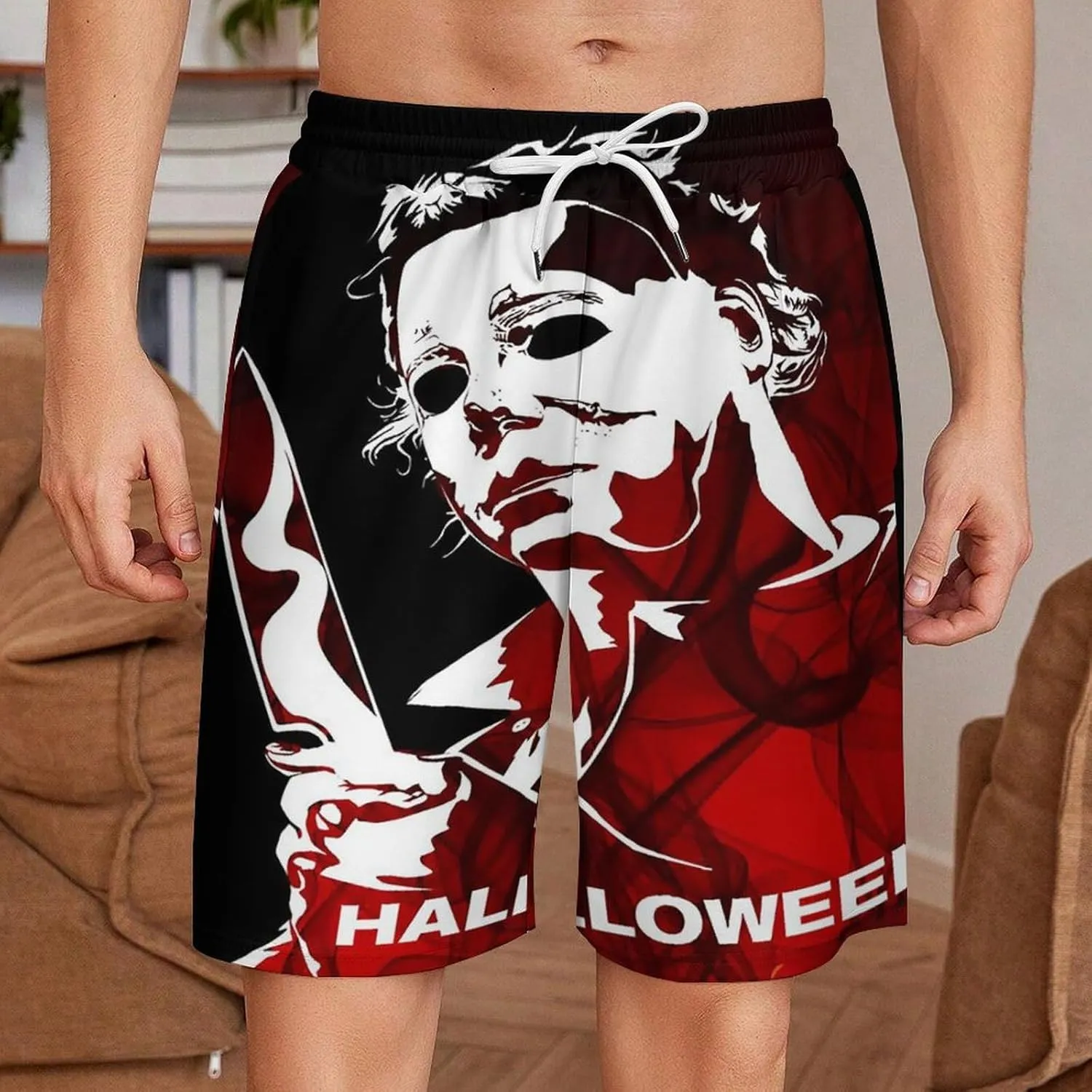 Men's Beach Pants Halloween Michael Myers Summer Board Shorts with Pockets Beach Shorts Bathing Suits for Men