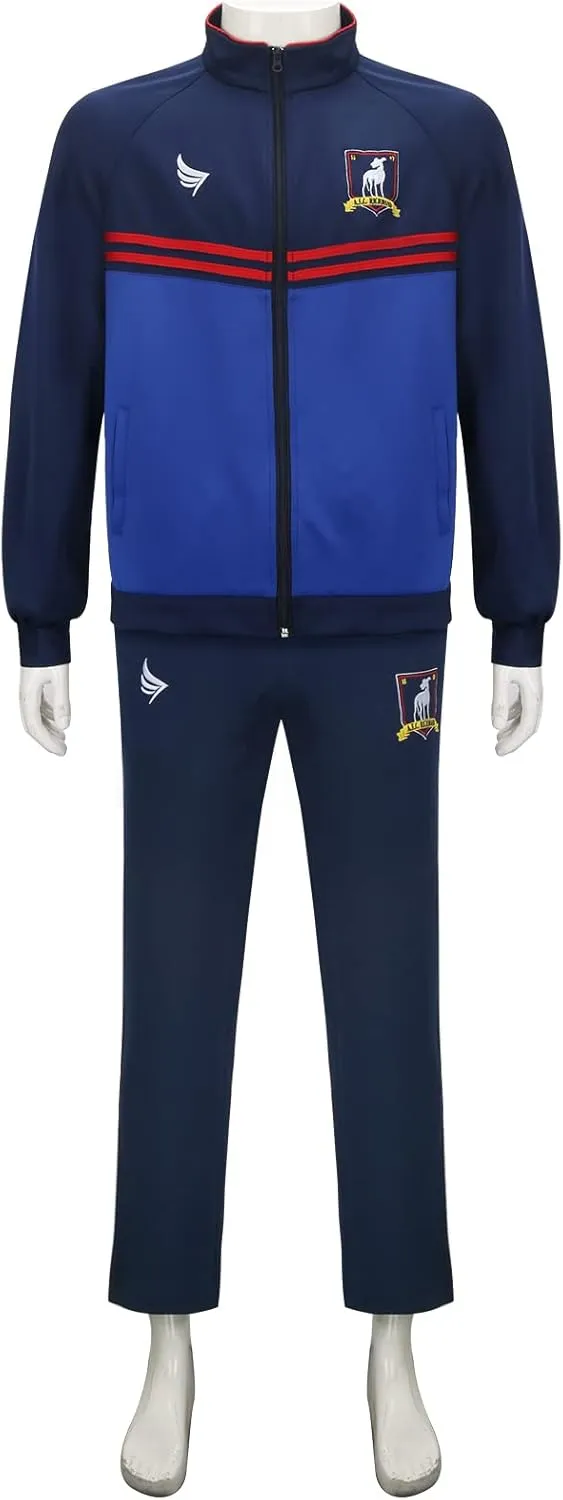 Mens Football Coach Costume Blue Jacket Pants Tracksuit Coat Soccer Suit Sportswear Training Halloween Cosplay Outfit