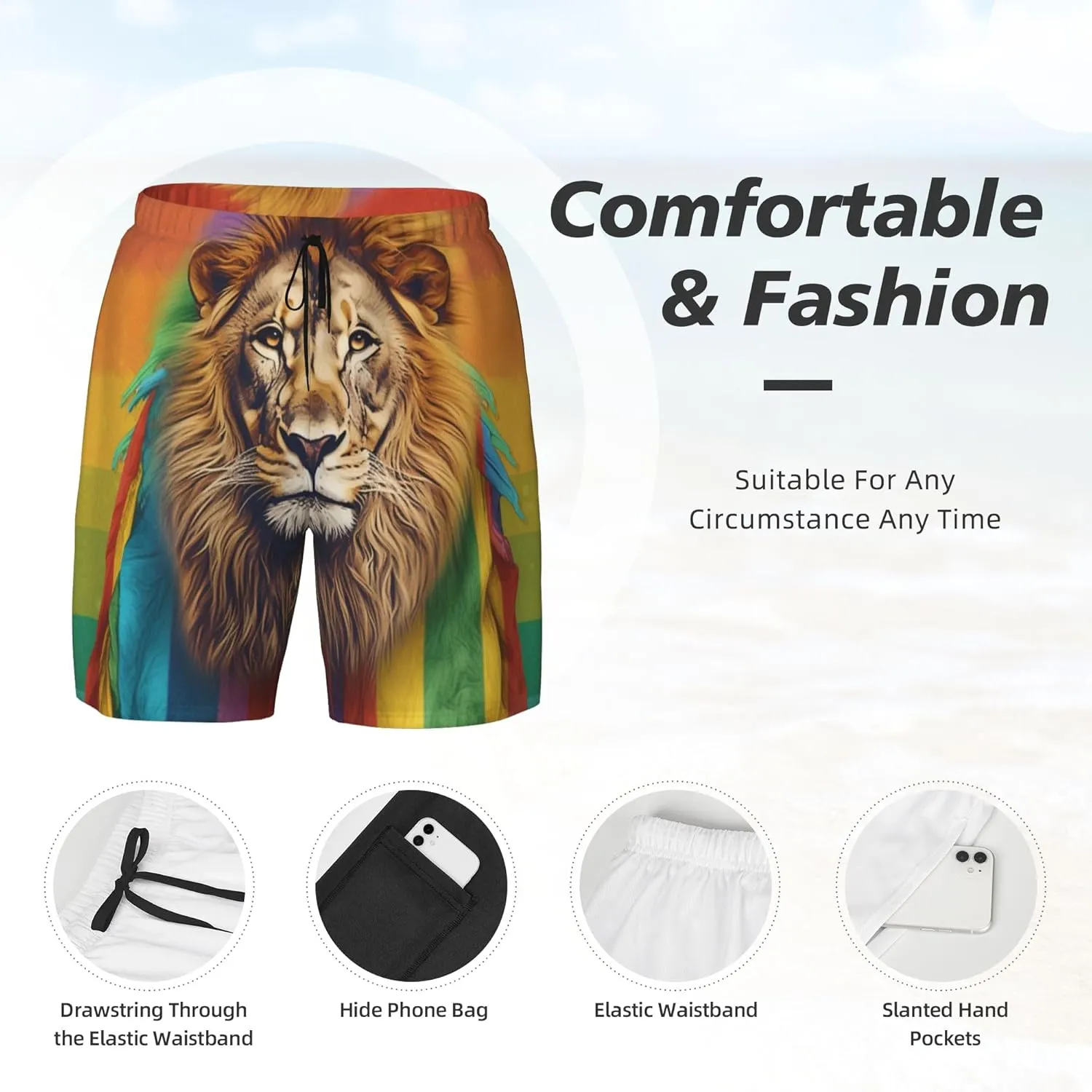 Mens Lion Printed Swim Trunks with Compression Liner Quick Dry 2 in 1 Board Shorts with Pockets
