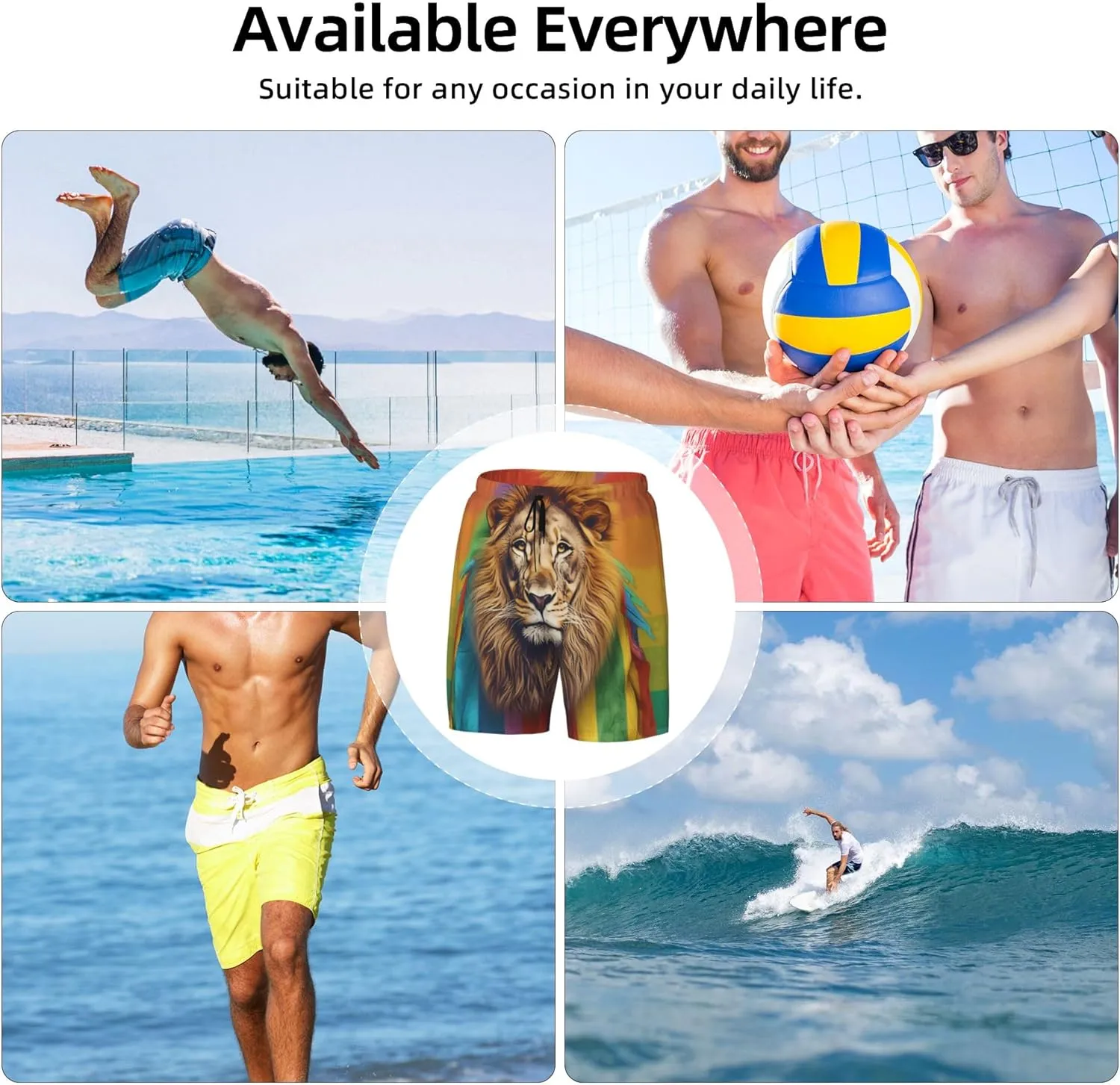 Mens Lion Printed Swim Trunks with Compression Liner Quick Dry 2 in 1 Board Shorts with Pockets