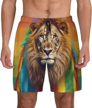Mens Lion Printed Swim Trunks with Compression Liner Quick Dry 2 in 1 Board Shorts with Pockets