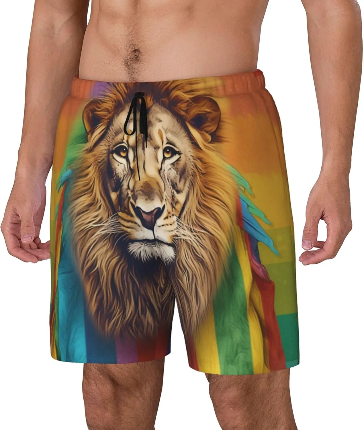 Mens Lion Printed Swim Trunks with Compression Liner Quick Dry 2 in 1 Board Shorts with Pockets