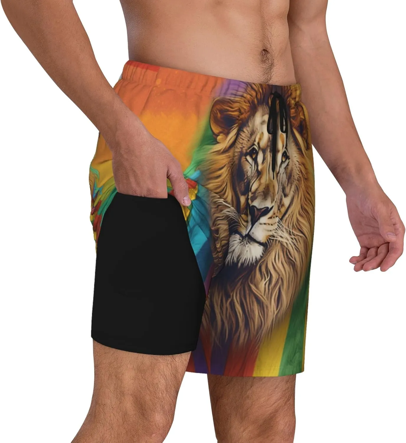 Mens Lion Printed Swim Trunks with Compression Liner Quick Dry 2 in 1 Board Shorts with Pockets