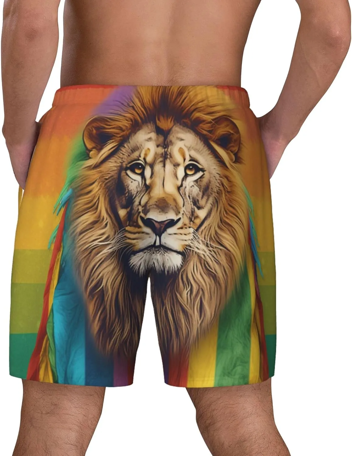 Mens Lion Printed Swim Trunks with Compression Liner Quick Dry 2 in 1 Board Shorts with Pockets