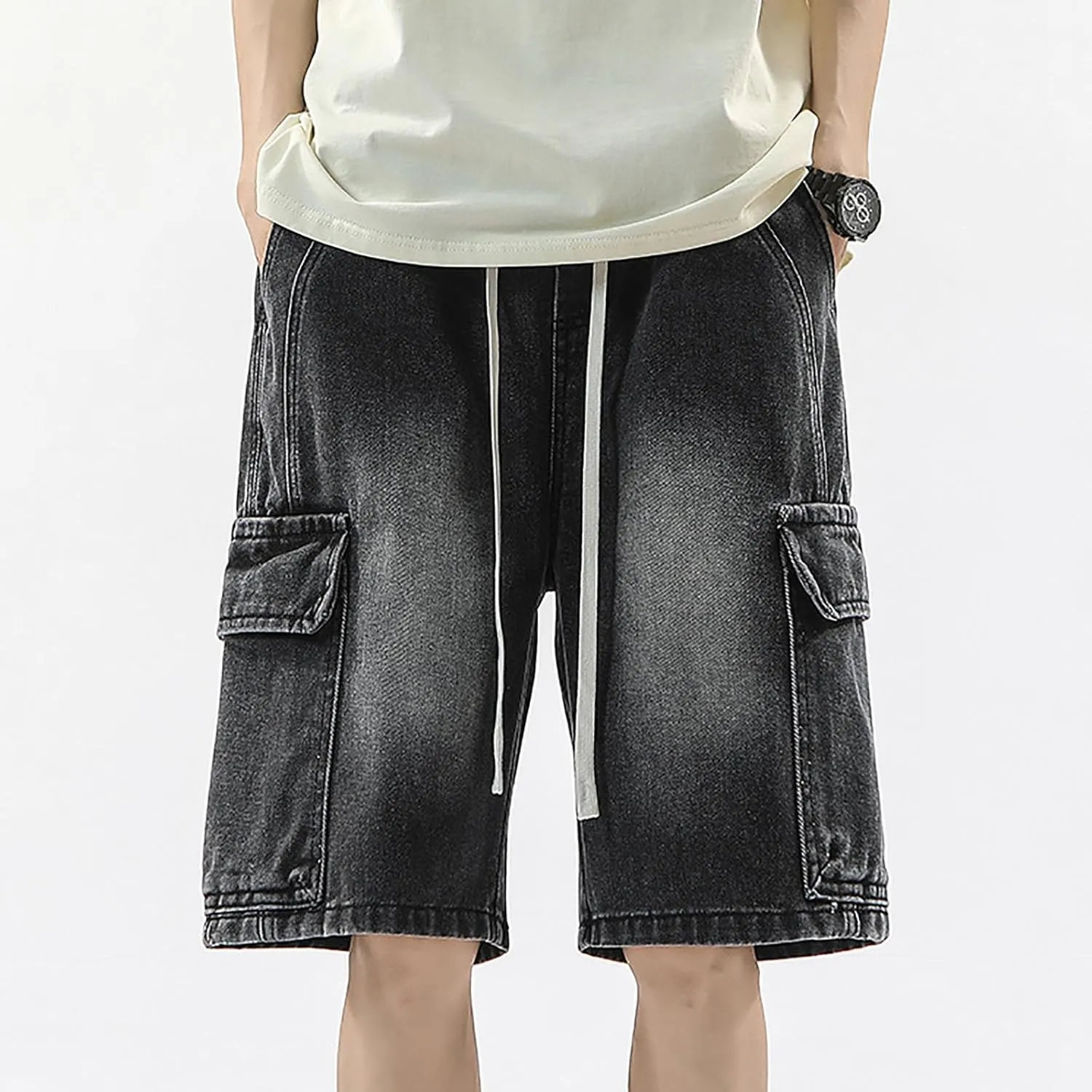 Mens Loose Hip Hop Mid Jean Shorts Baggy Denim Shorts with Pockets Summer Casual Streetwear Clothes