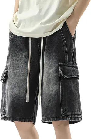 Mens Loose Hip Hop Mid Jean Shorts Baggy Denim Shorts with Pockets Summer Casual Streetwear Clothes