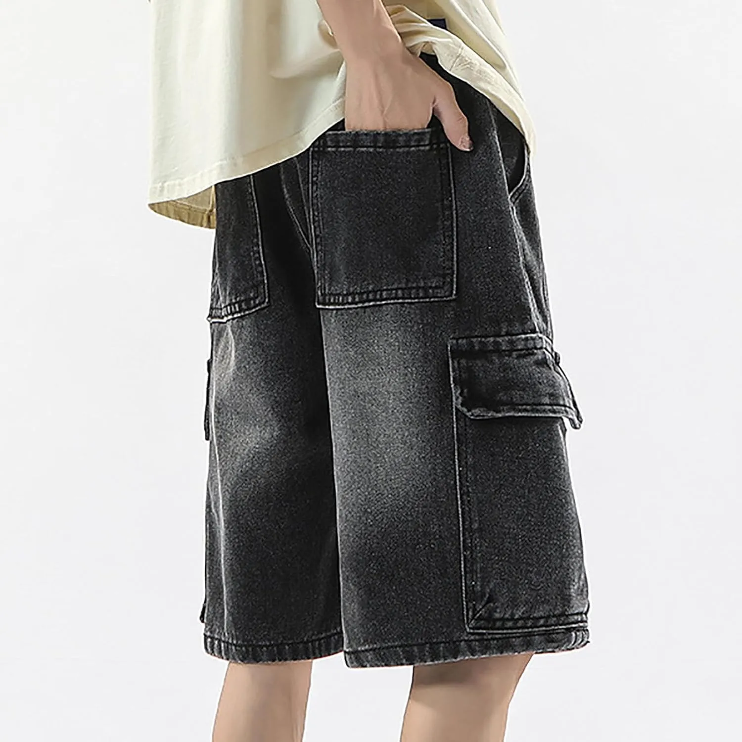 Mens Loose Hip Hop Mid Jean Shorts Baggy Denim Shorts with Pockets Summer Casual Streetwear Clothes