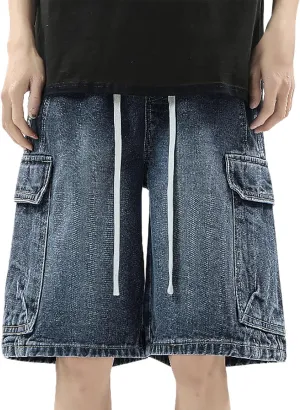 Mens Loose Hip Hop Mid Jean Shorts Baggy Denim Shorts with Pockets Summer Casual Streetwear Clothes