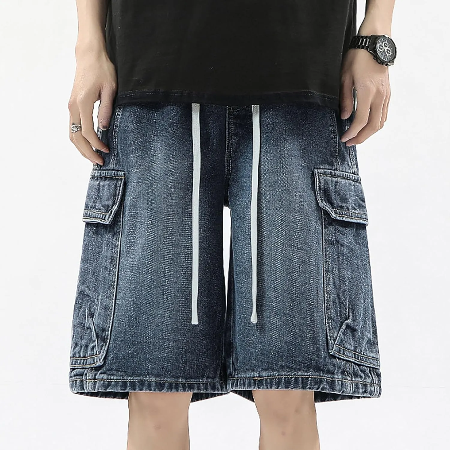 Mens Loose Hip Hop Mid Jean Shorts Baggy Denim Shorts with Pockets Summer Casual Streetwear Clothes