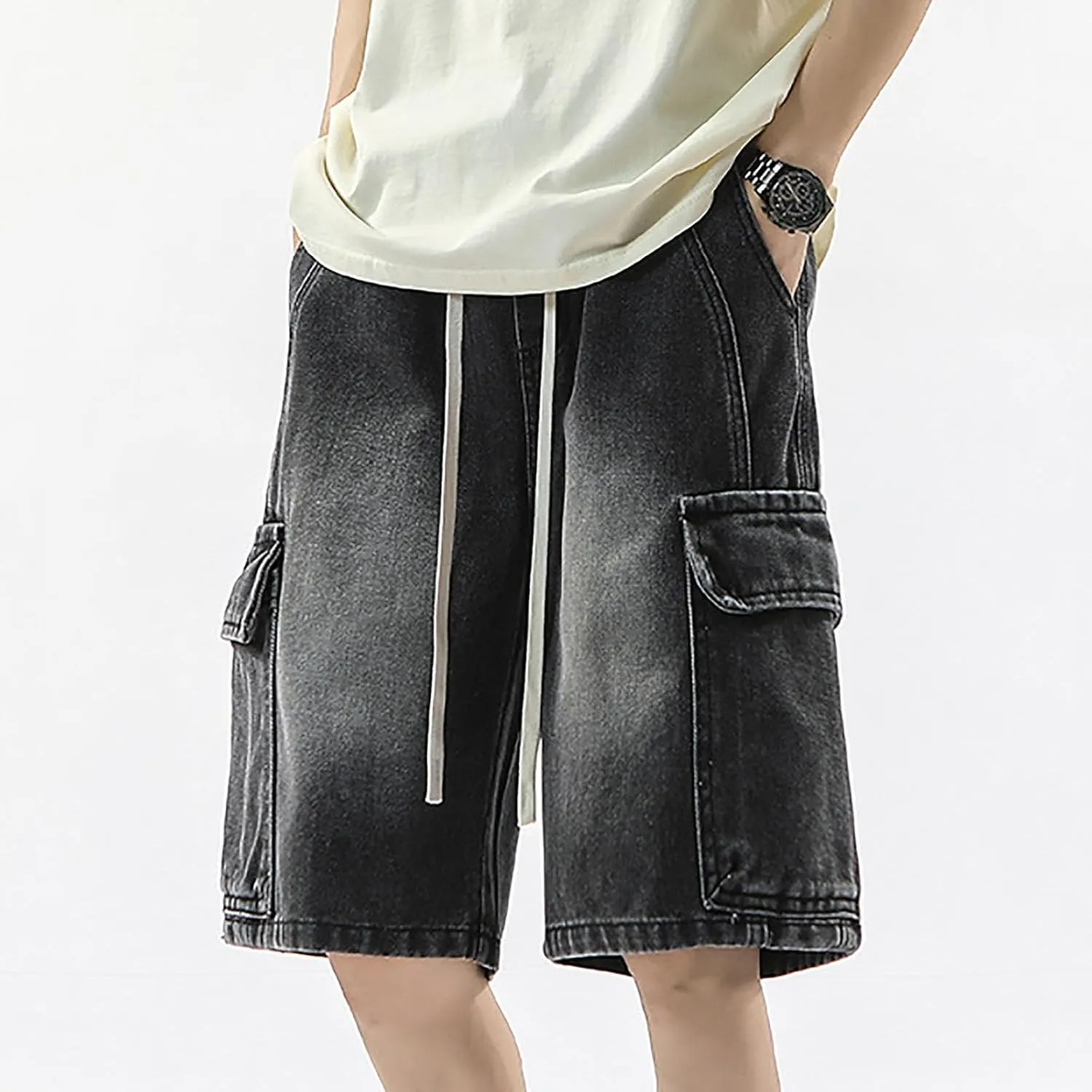 Mens Loose Hip Hop Mid Jean Shorts Baggy Denim Shorts with Pockets Summer Casual Streetwear Clothes