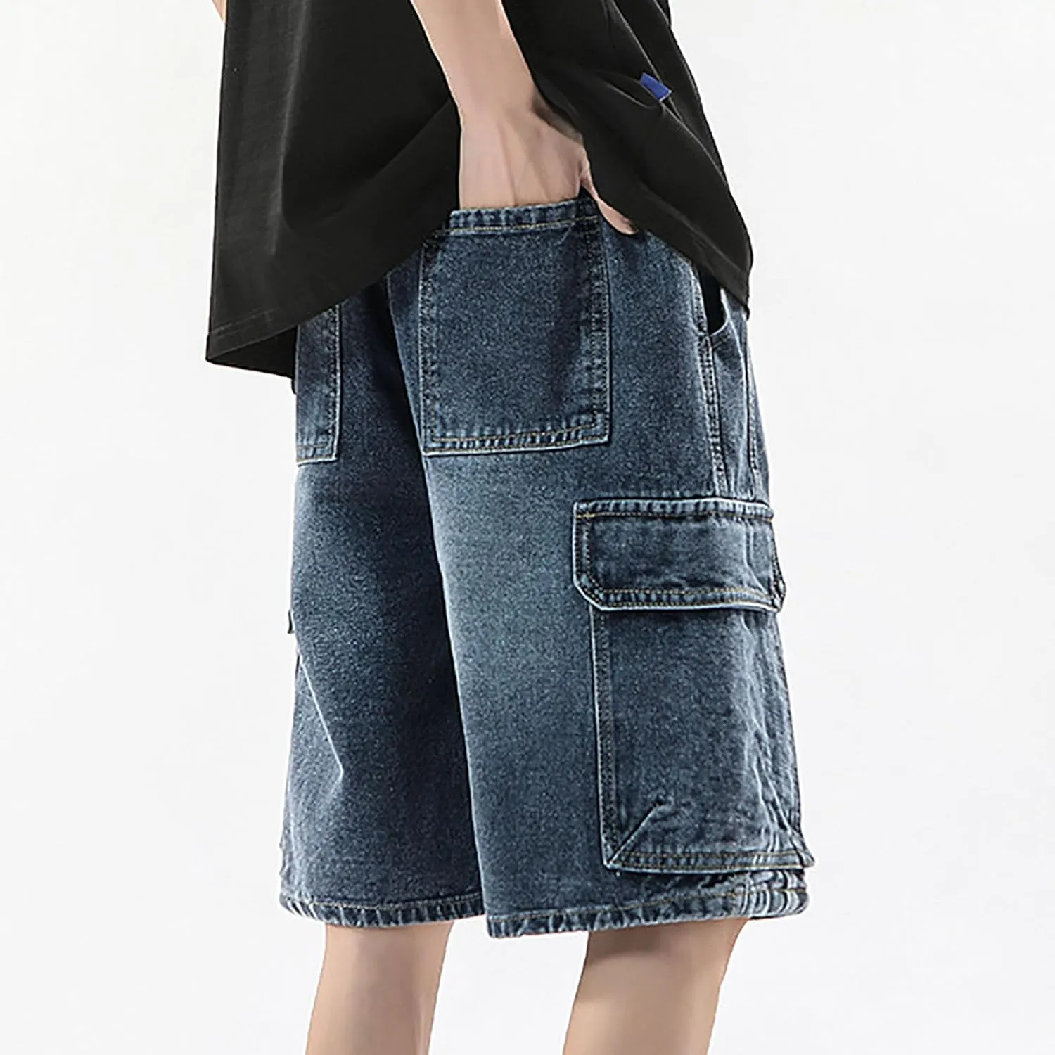 Mens Loose Hip Hop Mid Jean Shorts Baggy Denim Shorts with Pockets Summer Casual Streetwear Clothes
