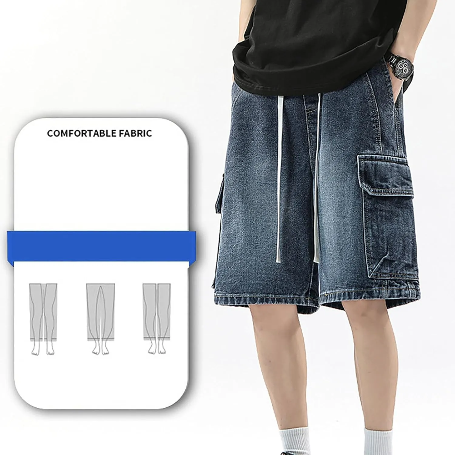 Mens Loose Hip Hop Mid Jean Shorts Baggy Denim Shorts with Pockets Summer Casual Streetwear Clothes