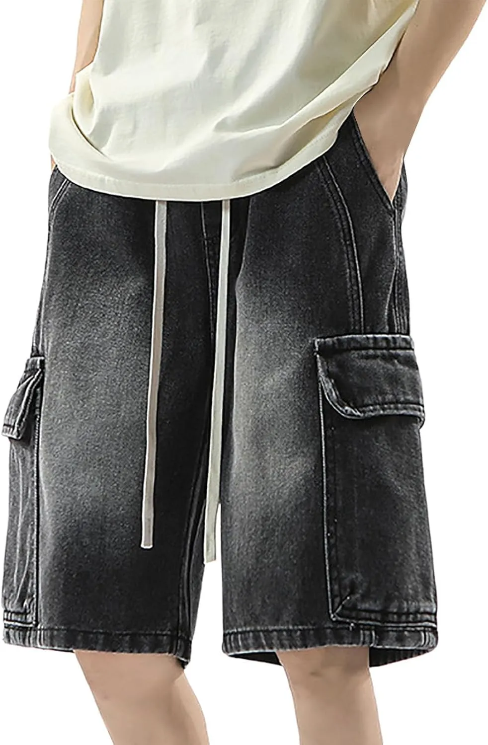 Mens Loose Hip Hop Mid Jean Shorts Baggy Denim Shorts with Pockets Summer Casual Streetwear Clothes