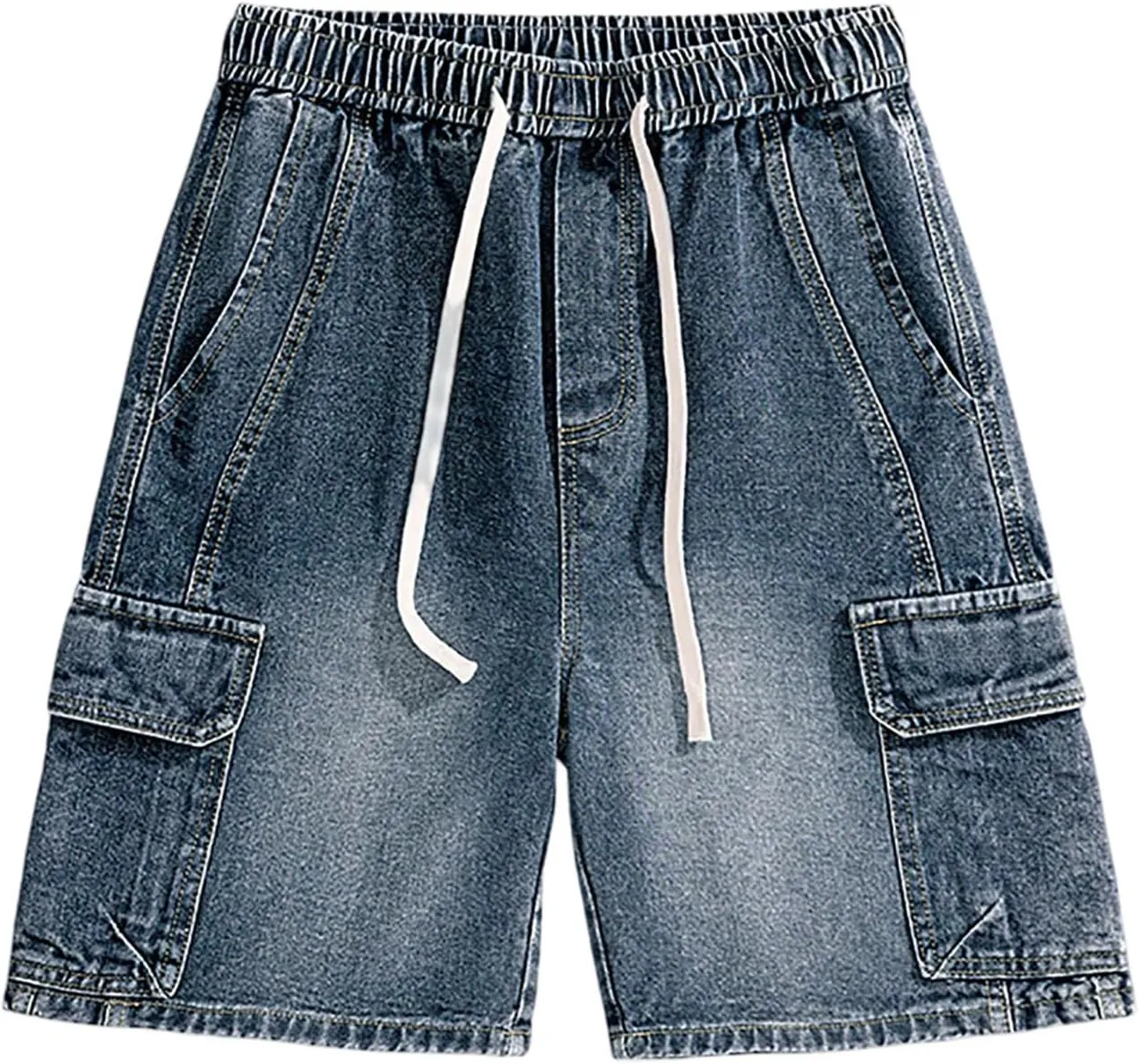 Men's Loose Hip Hop Mid Jean Shorts Work Denim Shorts with Pockets Casual Summer Streetwear Clothes