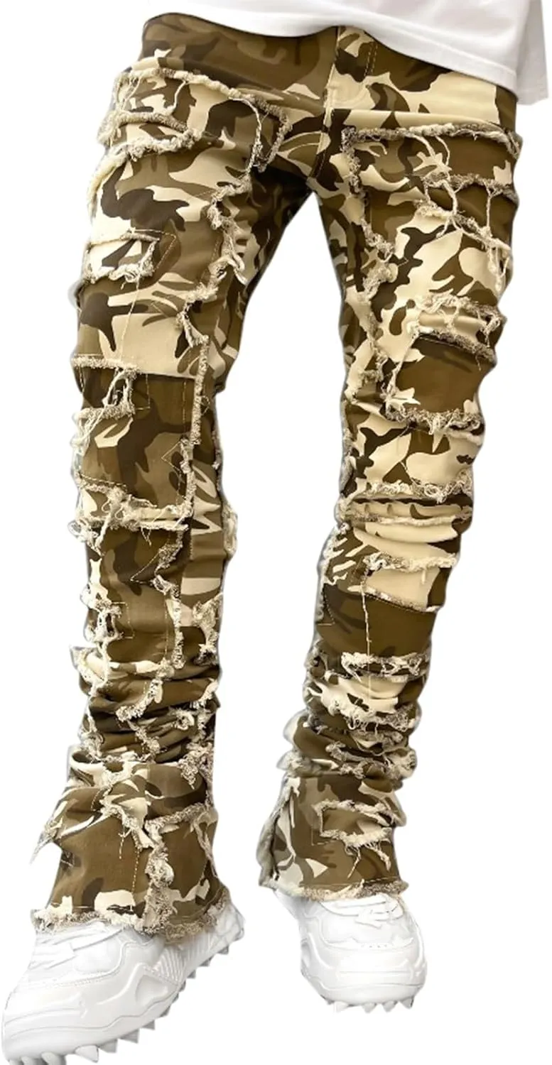 Mens Ripped Stacked Jeans Slim Fit Skinny Stretch Distressed Destroyed Denim Jeans Fashion Y2K Hip Hop Denim Pants