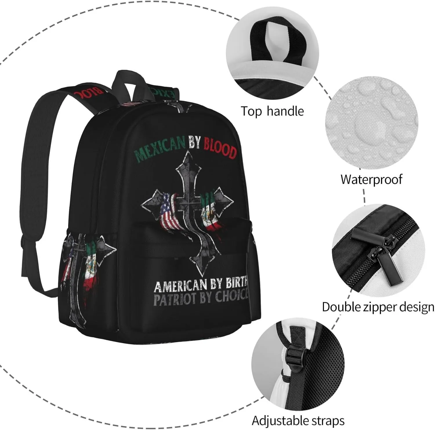 Mexican By Blood American By Birth Patriot By Choice Laptop Commuter Backpack Shoulder Bag Casual Back Pack Daypack Bags With Side Pockets For Work Travel Daily Use