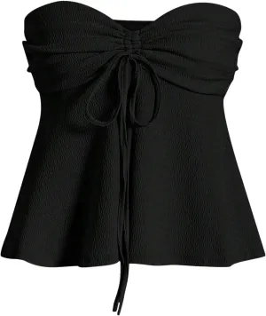 Milumia Women Tie Front Ruched Tube Top Strapless Flared Hem Peplum Bandeau Tops