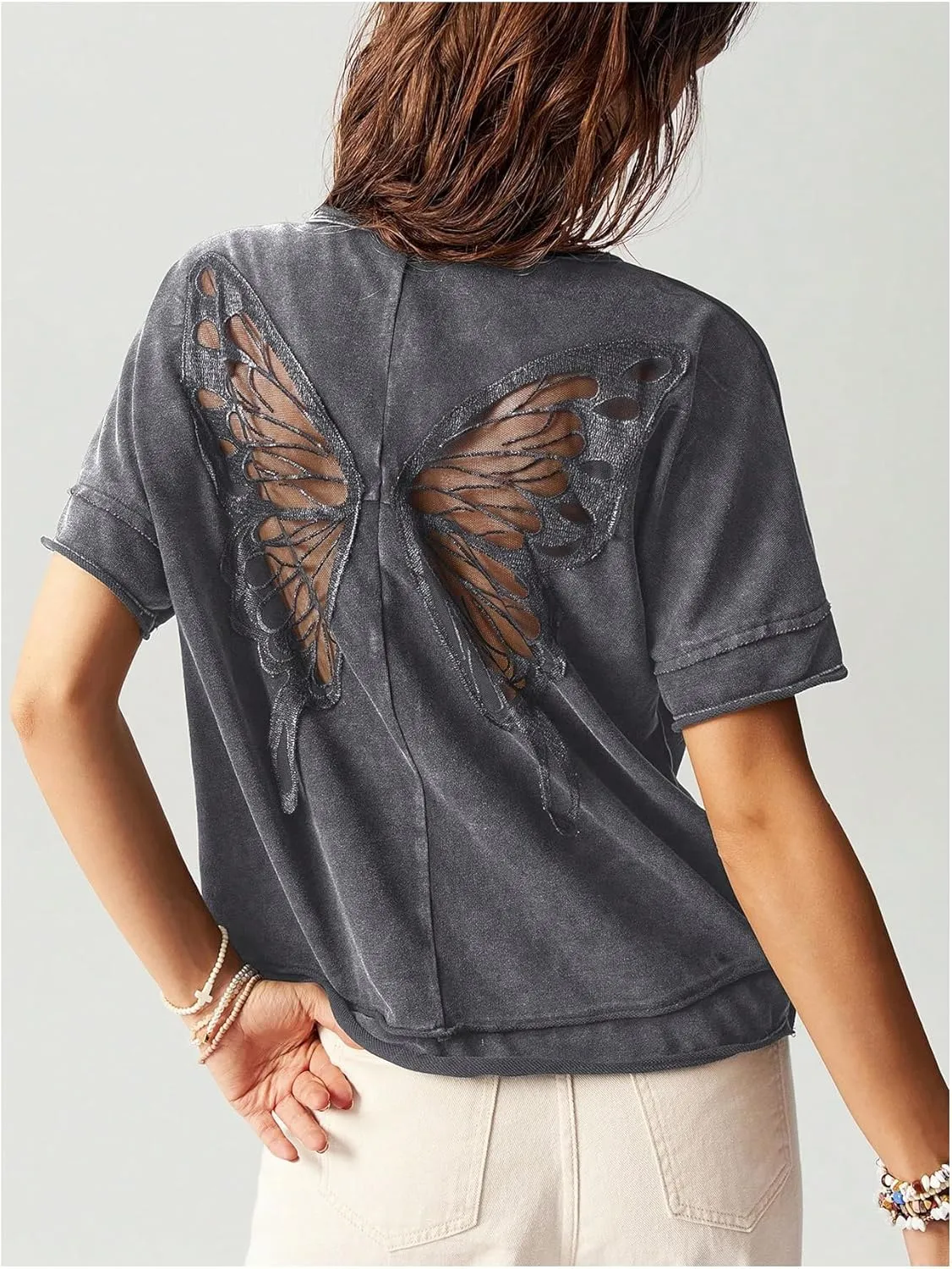 Milumia Women's Vintage Butterfly Sheer T-Shirt Short Sleeve Cut Out Back Loose Tee Tops
