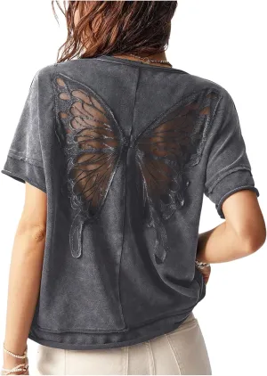 Milumia Women's Vintage Butterfly Sheer T-Shirt Short Sleeve Cut Out Back Loose Tee Tops