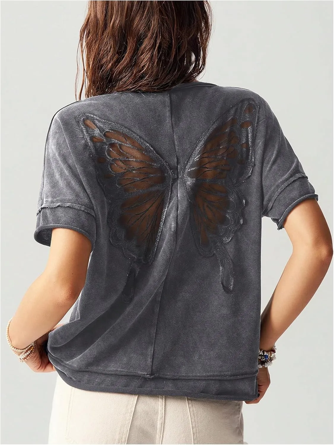Milumia Women's Vintage Butterfly Sheer T-Shirt Short Sleeve Cut Out Back Loose Tee Tops