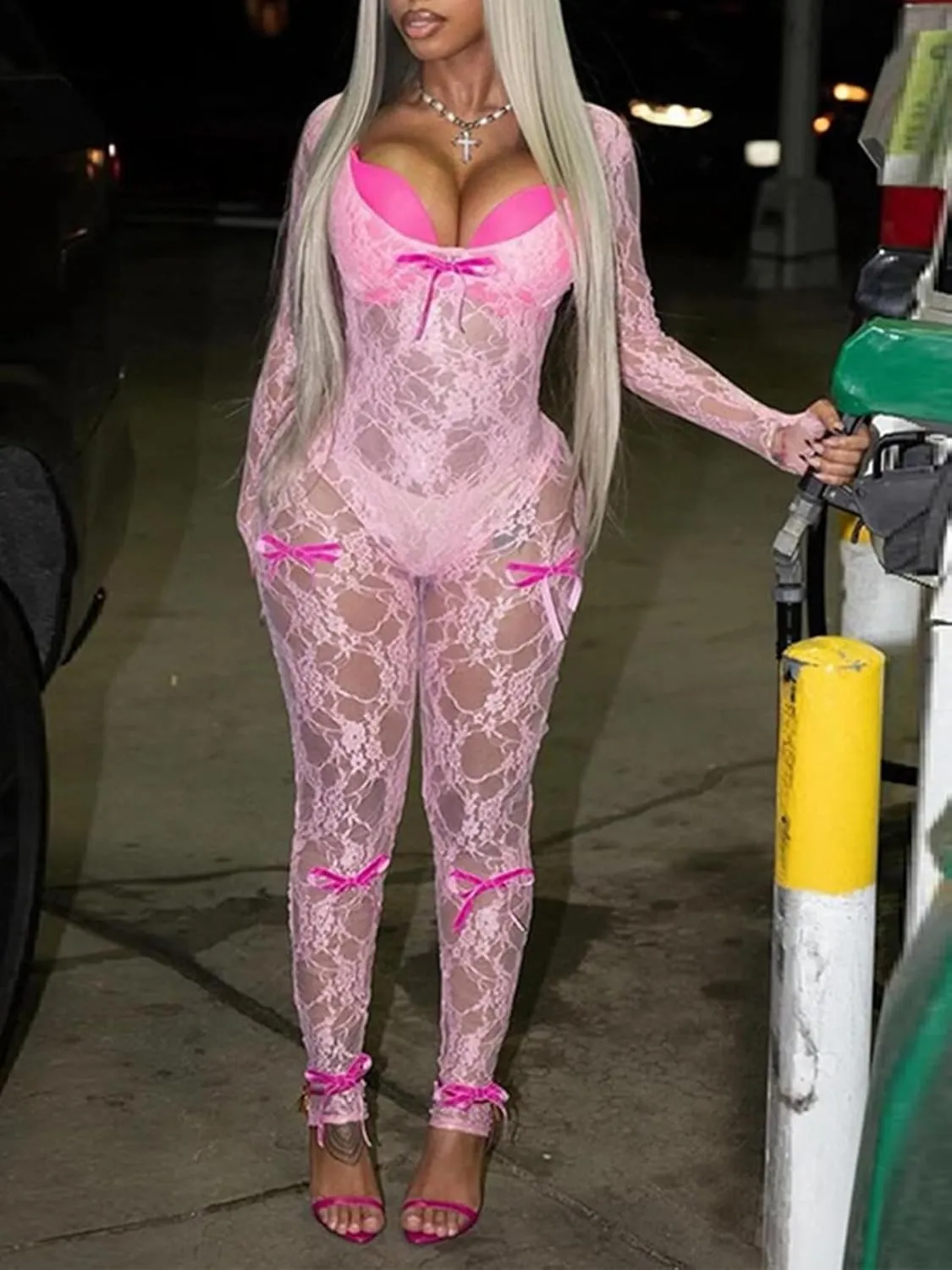 Mojessy Sexy Sheer Outfits for Women Lace Long Sleeve U Neck Bodycon Jumpsuit Streetwear Rompers