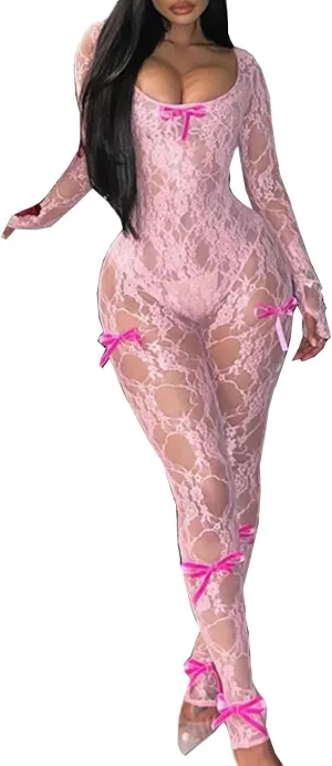 Mojessy Sexy Sheer Outfits for Women Lace Long Sleeve U Neck Bodycon Jumpsuit Streetwear Rompers