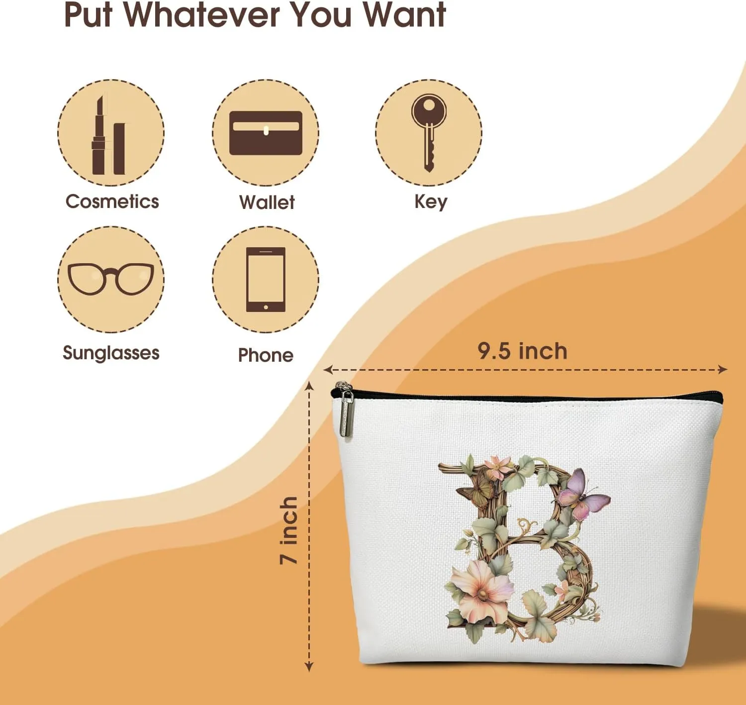 Monogrammed Makeup Bag Gifts for Women, Personalized Initial Letter B Small Cosmetic Bag for Purse Zipper Travel Toiletry Bag Birthday Gift for Friend Daughter Wedding Gift for Bridal Bridesmaid -B02