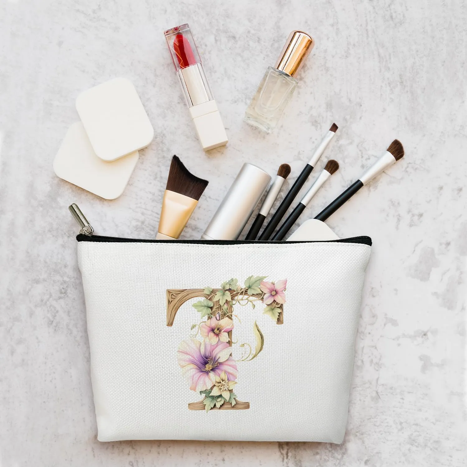 Monogrammed Makeup Bag Gifts for Women, Personalized Initial Letter T Small Cosmetic Bag for Purse Zipper Travel Toiletry Bag Birthday Gift for Friend Daughter Wedding Gift for Bridal Bridesmaid -B19