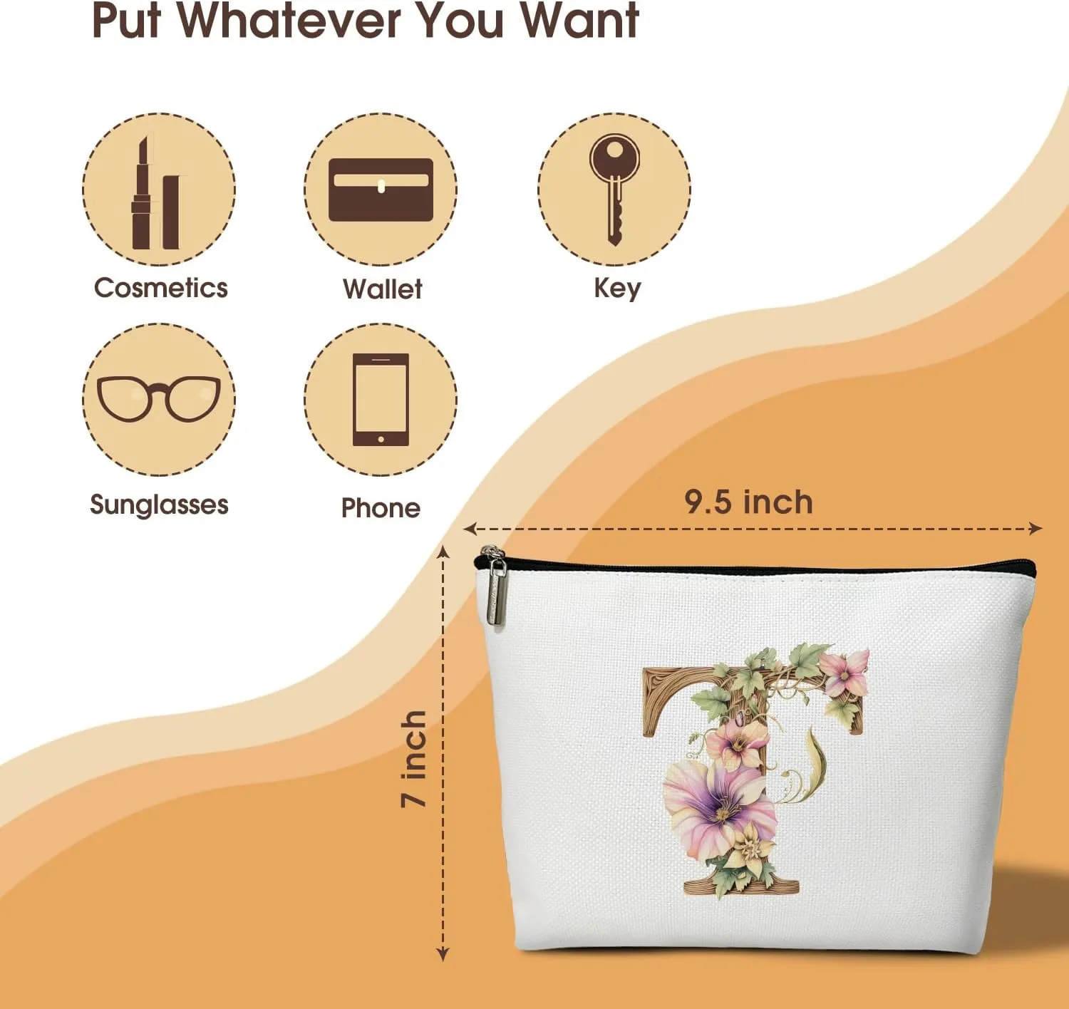 Monogrammed Makeup Bag Gifts for Women, Personalized Initial Letter T Small Cosmetic Bag for Purse Zipper Travel Toiletry Bag Birthday Gift for Friend Daughter Wedding Gift for Bridal Bridesmaid -B19