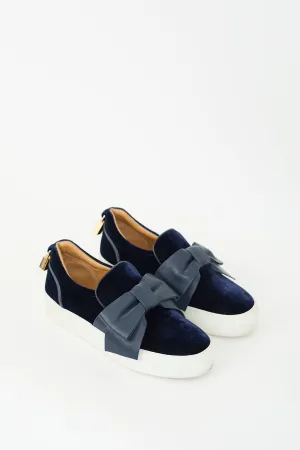 Navy Velvet & Leather Bow Slip On Sneaker