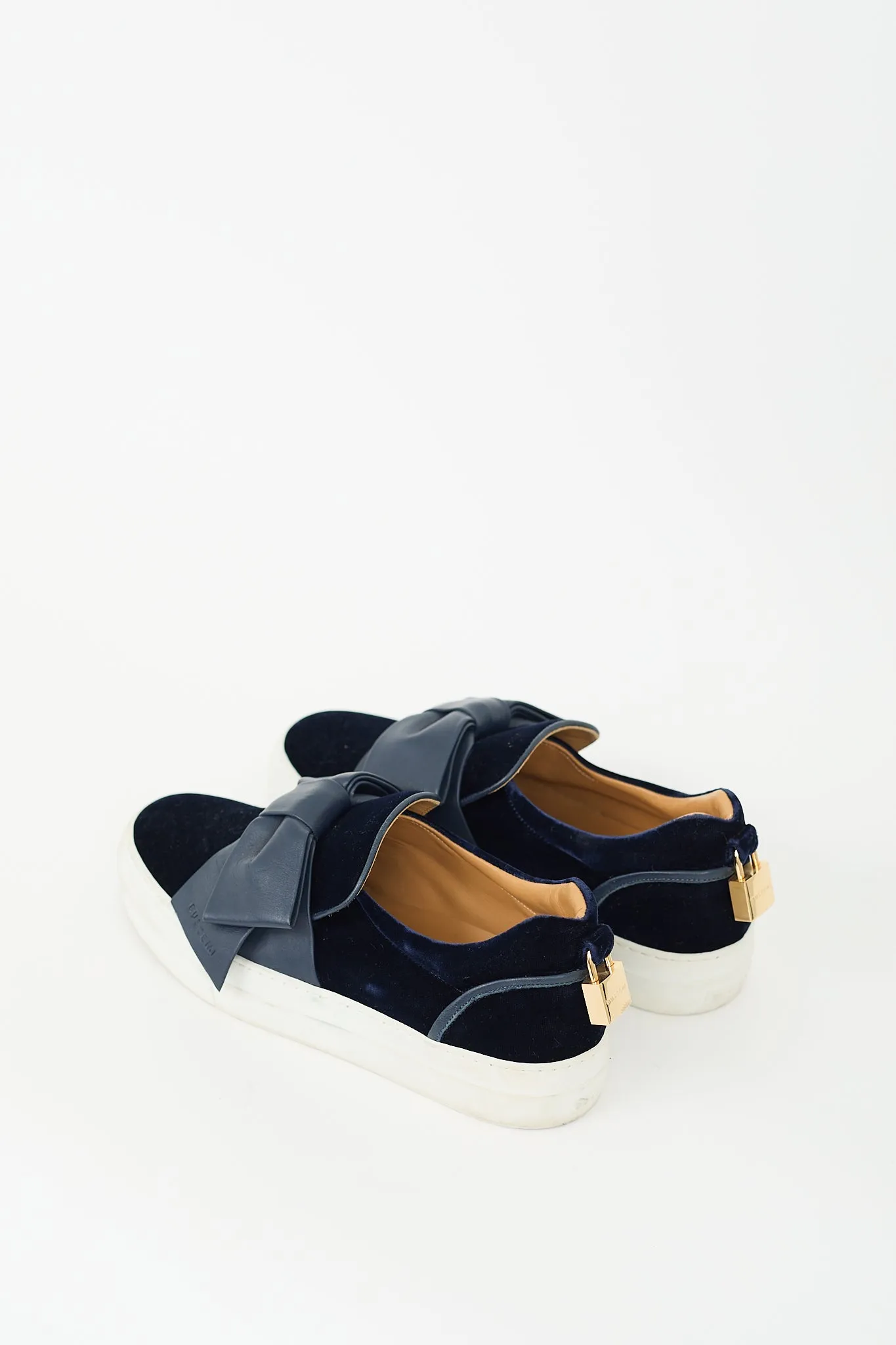 Navy Velvet & Leather Bow Slip On Sneaker