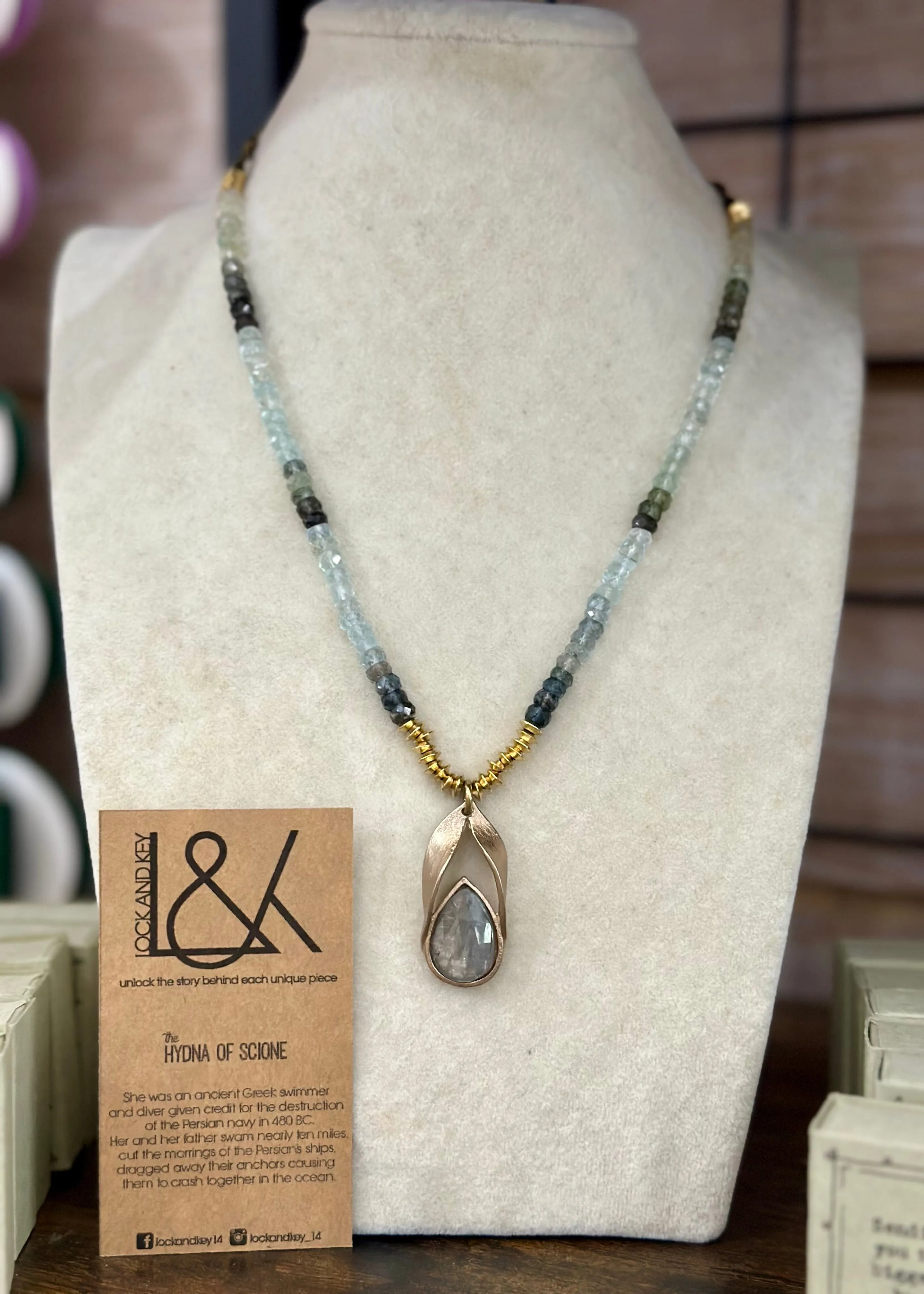 Necklace 18" Aqua Kyanite W Aquamarine Beaded Chain - Lock Key