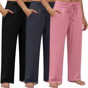 Neer 3 Pack Women's Plus Size Lounge Pants, Wide Leg Yoga Pants Baggy Drawstring Sweatpants with Pockets Casual Loose Jogger