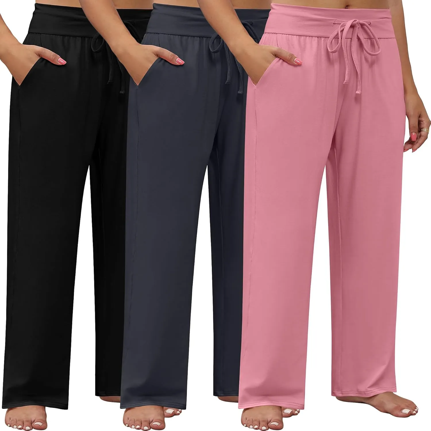 Neer 3 Pack Women's Plus Size Lounge Pants, Wide Leg Yoga Pants Baggy Drawstring Sweatpants with Pockets Casual Loose Jogger