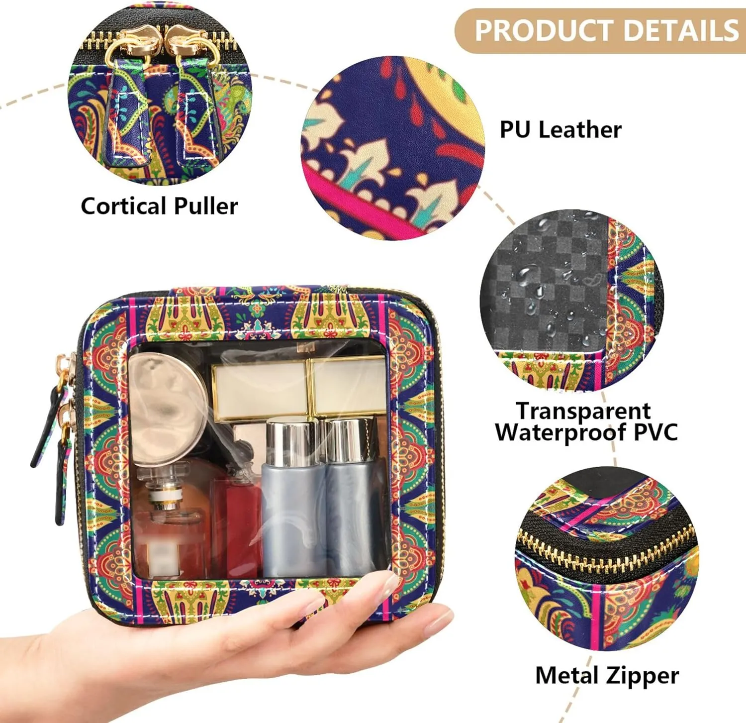 Paisley Flower Ethnic Clear Makeup Bag Travel Cosmetic Case Transparent Toiletry Bag with Zipper, Portable Make Up Organizer PU Leather Traveling Compact Car Bag for Essentials