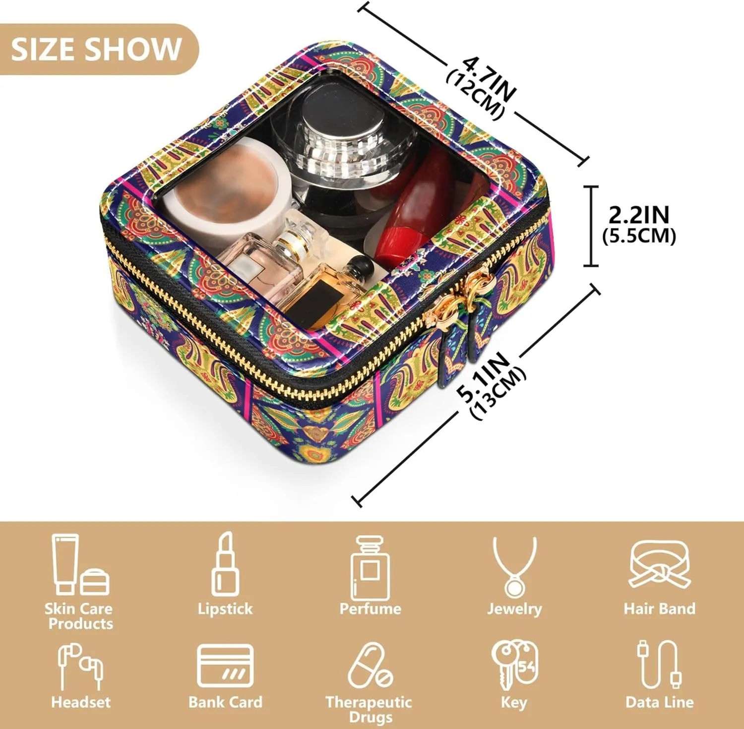Paisley Flower Ethnic Clear Makeup Bag Travel Cosmetic Case Transparent Toiletry Bag with Zipper, Portable Make Up Organizer PU Leather Traveling Compact Car Bag for Essentials