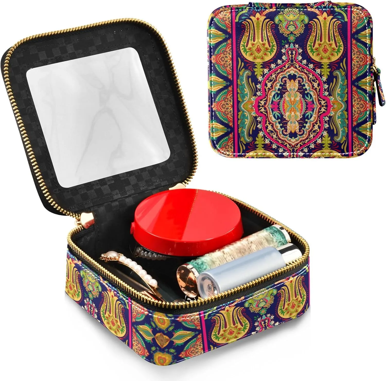 Paisley Flower Ethnic Clear Makeup Bag Travel Cosmetic Case Transparent Toiletry Bag with Zipper, Portable Make Up Organizer PU Leather Traveling Compact Car Bag for Essentials