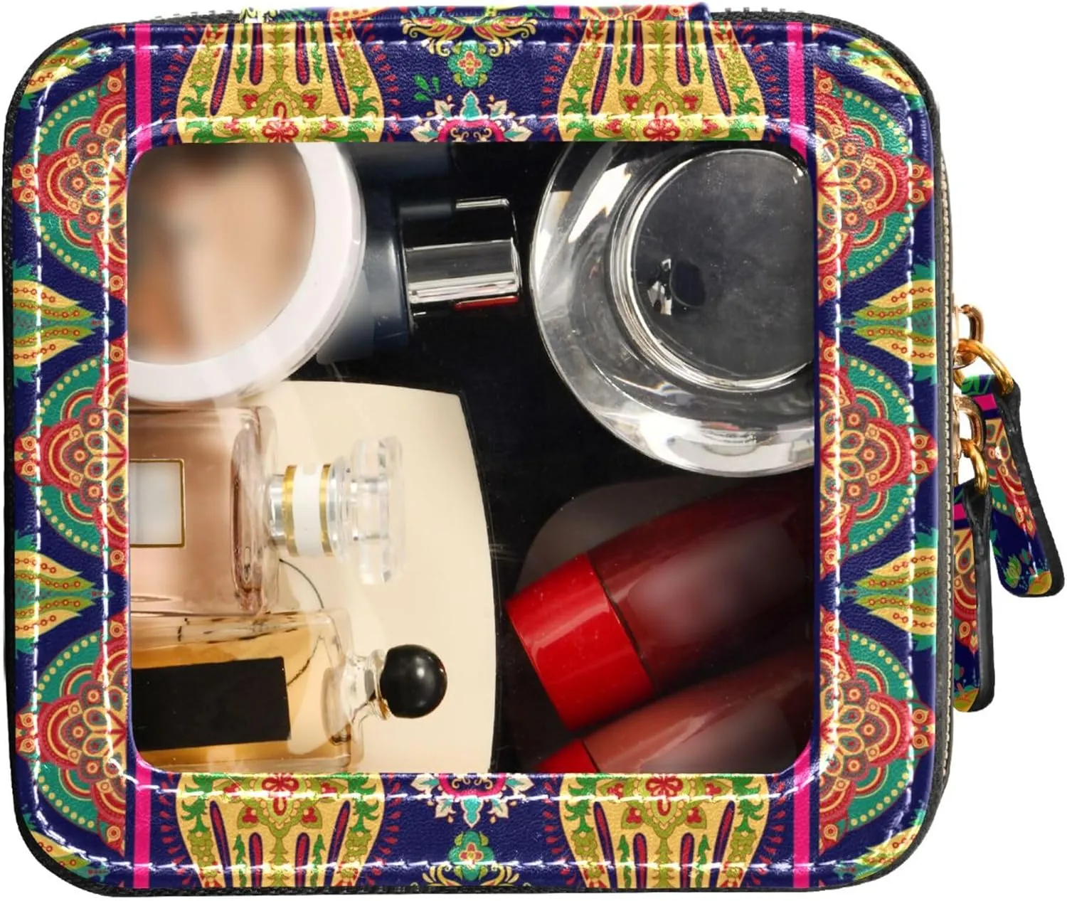 Paisley Flower Ethnic Clear Makeup Bag Travel Cosmetic Case Transparent Toiletry Bag with Zipper, Portable Make Up Organizer PU Leather Traveling Compact Car Bag for Essentials