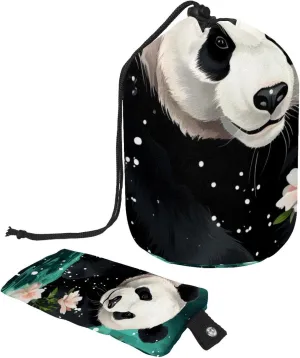 Panda with Floral Pattern Travel Cosmetic Bags Makeup Bag for Women, Foldable Drawstring Travel Cosmetic Bags, Portable Toiletry Bucket Bag