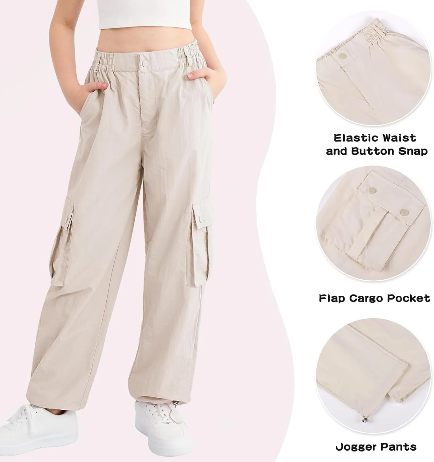 Parachute Pants for Girls Cargo Jogger Pants Wide Leg Streetwear Kid Teen Jogger Trousers with Pockets 7-16 Years