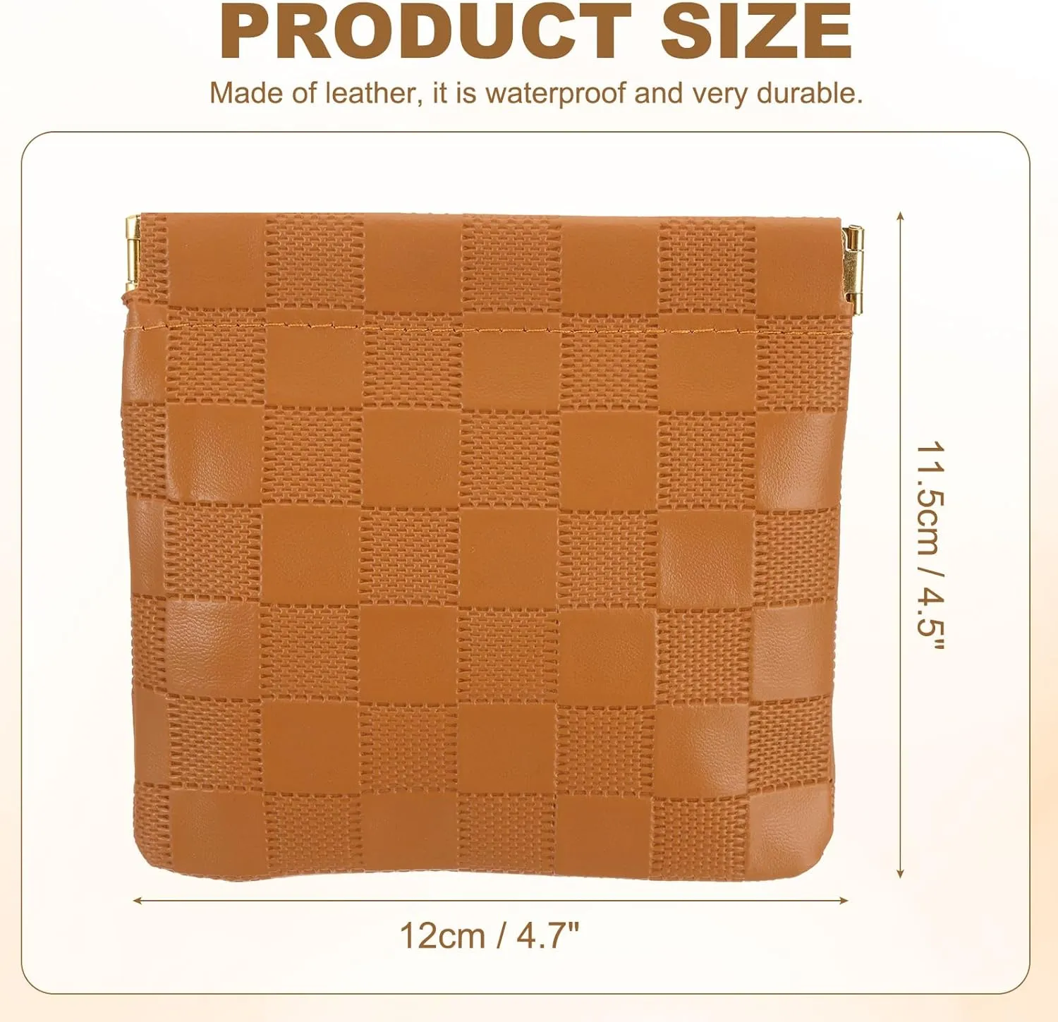 PATIKIL Small Snap Closure Pouches for Purse, 4.5"x4.7" Mini Waterproof Leather Checkered Makeup Bag Portable No Zipper Self-Closing Travel Pocket Organizer Pouch Cosmetic Bag, Brown