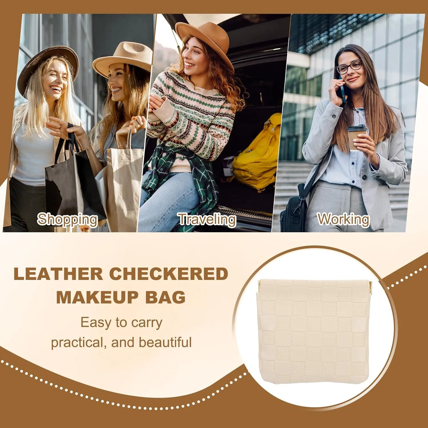 PATIKIL Small Snap Closure Pouches for Purse, 4.5"x4.7" Mini Waterproof Leather Checkered Makeup Bag Portable No Zipper Self-Closing Travel Pocket Organizer Pouch Cosmetic Bag, Brown