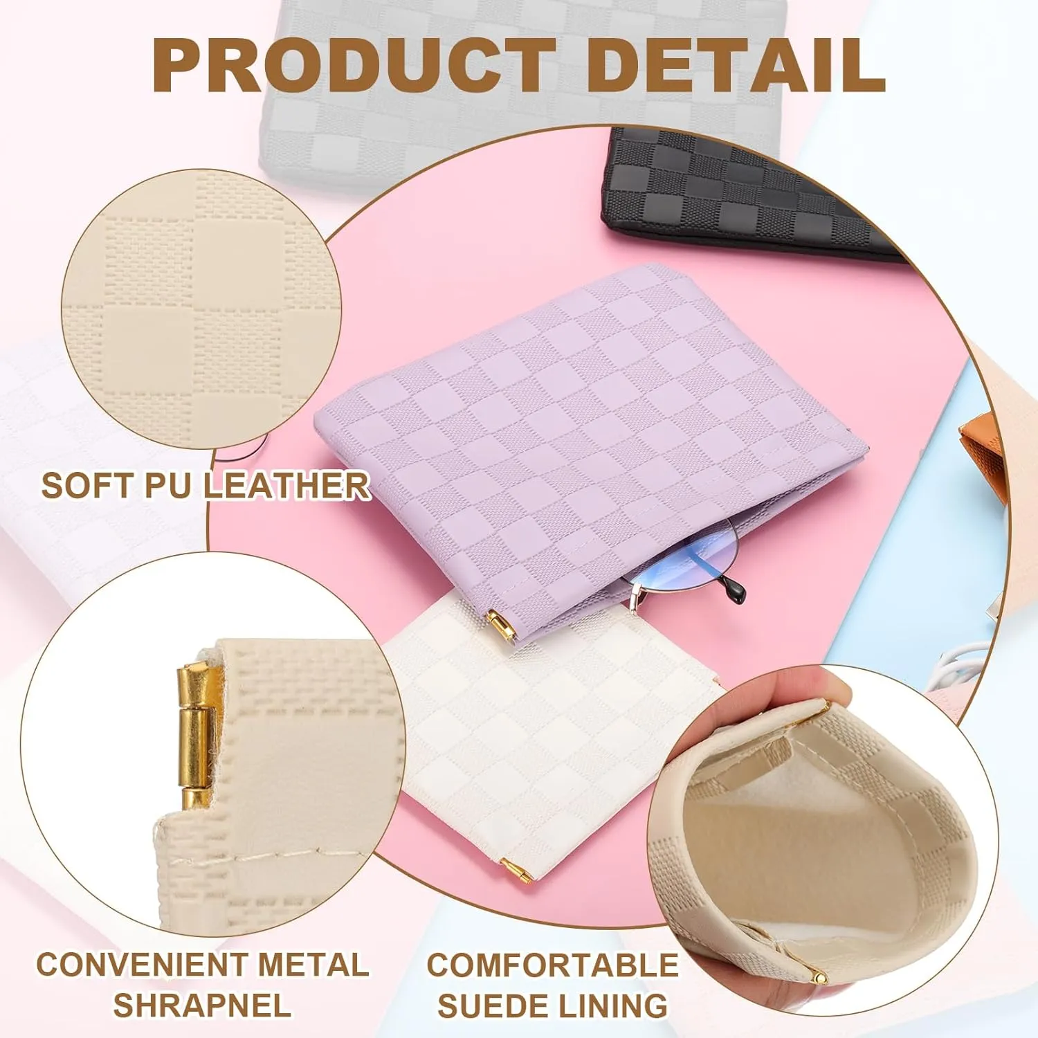 PATIKIL Small Snap Closure Pouches for Purse, 4.5"x4.7" Mini Waterproof Leather Checkered Makeup Bag Portable No Zipper Self-Closing Travel Pocket Organizer Pouch Cosmetic Bag, Brown