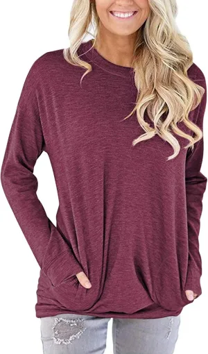 PLOKNRD Women Casual Round Neck Long Sleeve Fit Tunic Top Baggy Comfy Blouse with Pockets