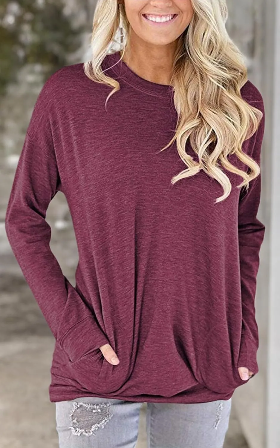 PLOKNRD Women Casual Round Neck Long Sleeve Fit Tunic Top Baggy Comfy Blouse with Pockets