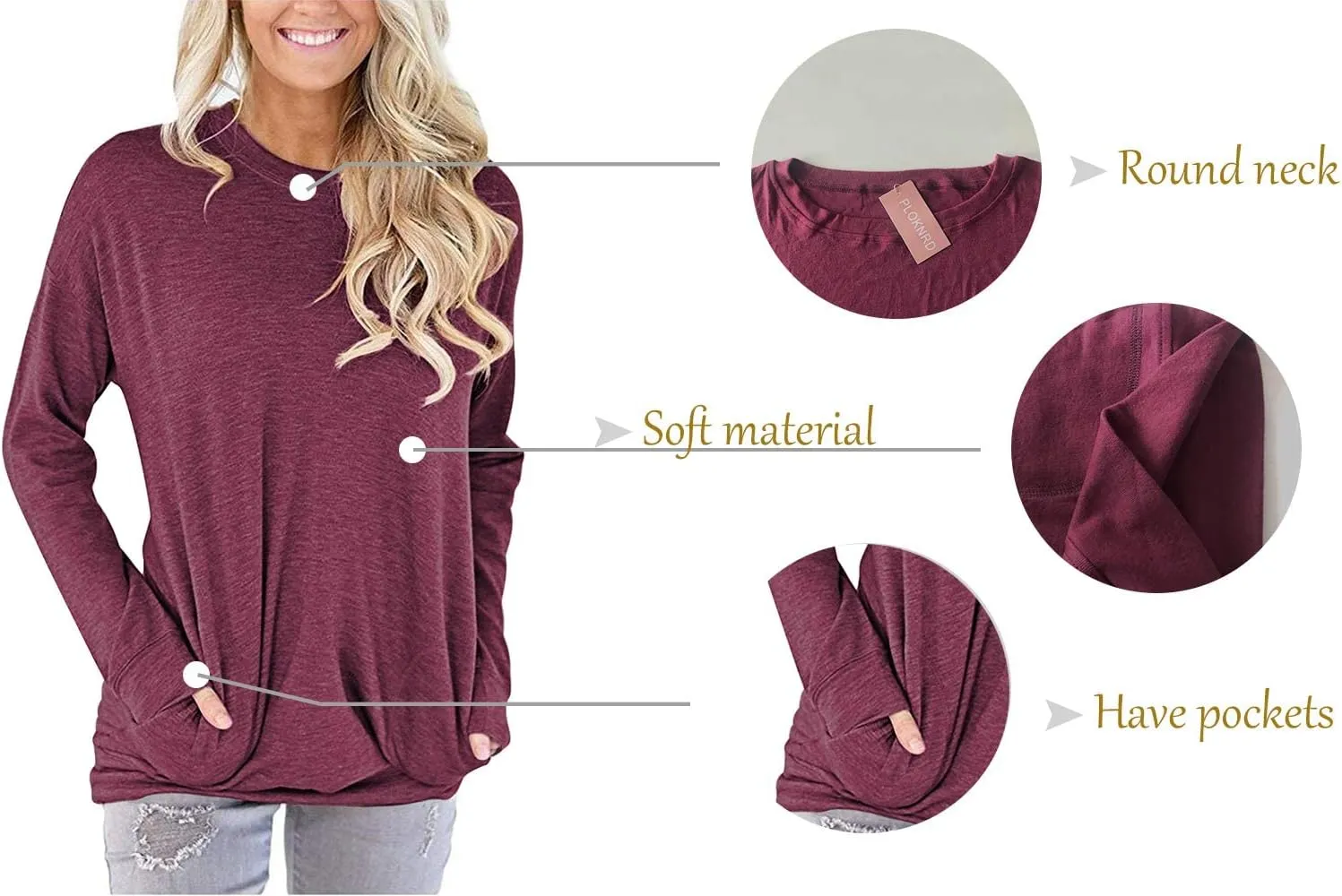 PLOKNRD Women Casual Round Neck Long Sleeve Fit Tunic Top Baggy Comfy Blouse with Pockets